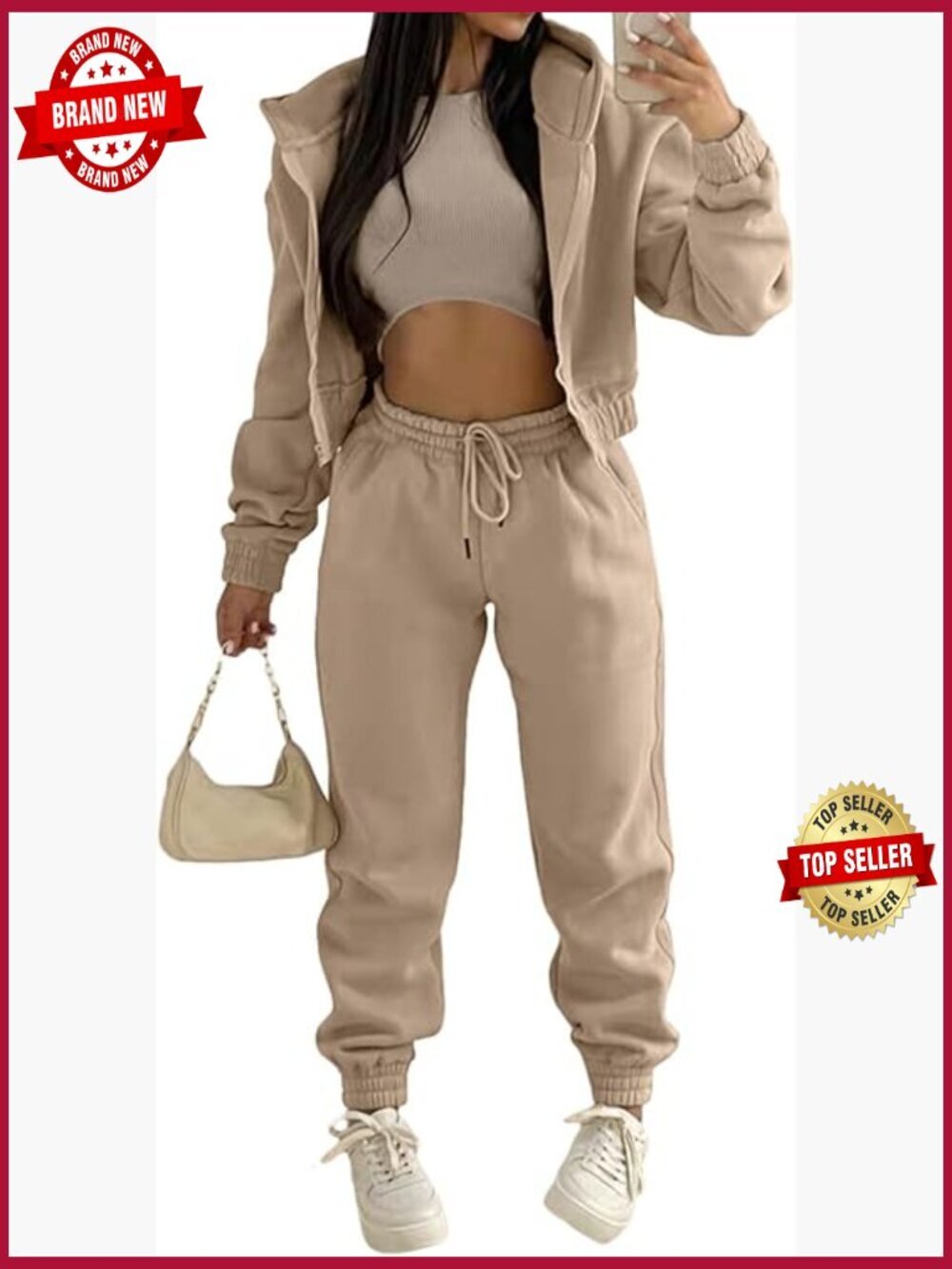3 Piece Sweatsuit Set Zip Up Hoodie Crop Tank Joggers